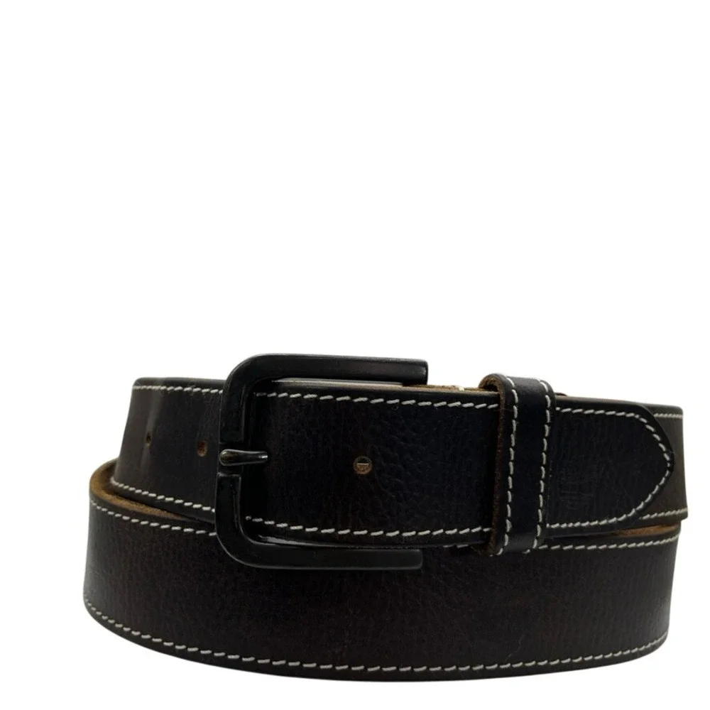 Timberland Mens Dark Brown Leather Belt Contrast Stitch Gunmetal Buckle Size 44